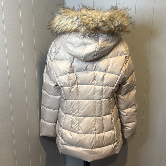 C CALVIN KLEIN Women’s Large Hooded Shiny Blush Puffer Coat Faux Fur Trim - Picture 7 of 10